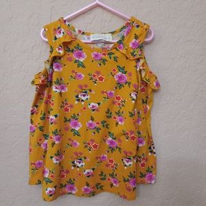 COPY - Glitter Girl Mustard floral cold shoulder long sleeve ruffle top size 6